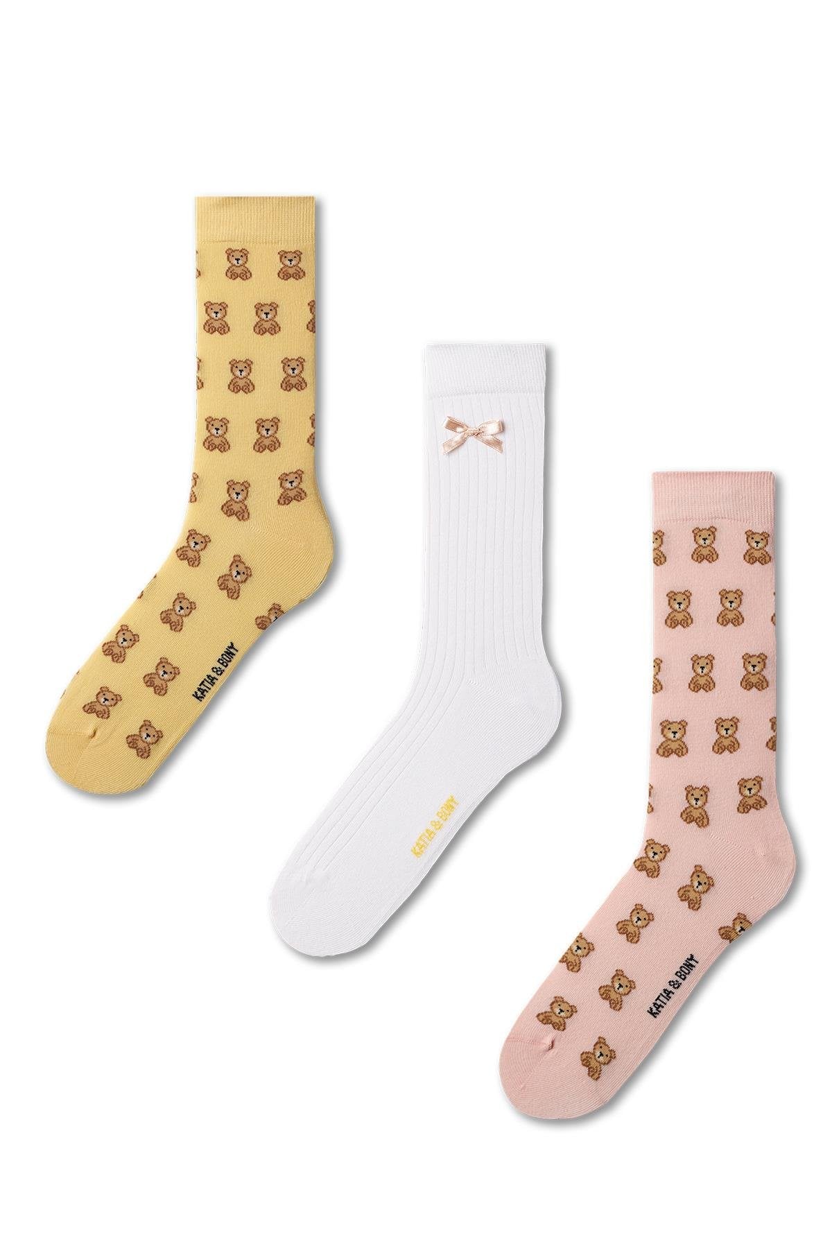 Women's Bear Ribbon Detailed Socket Socks 3-Pack